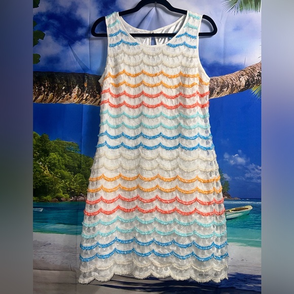 ANTONIO MELANI Dresses & Skirts - Antonio Melani Sz 8 Lace Aqua Coral Cream Womens Shift Lined Sleeveless …